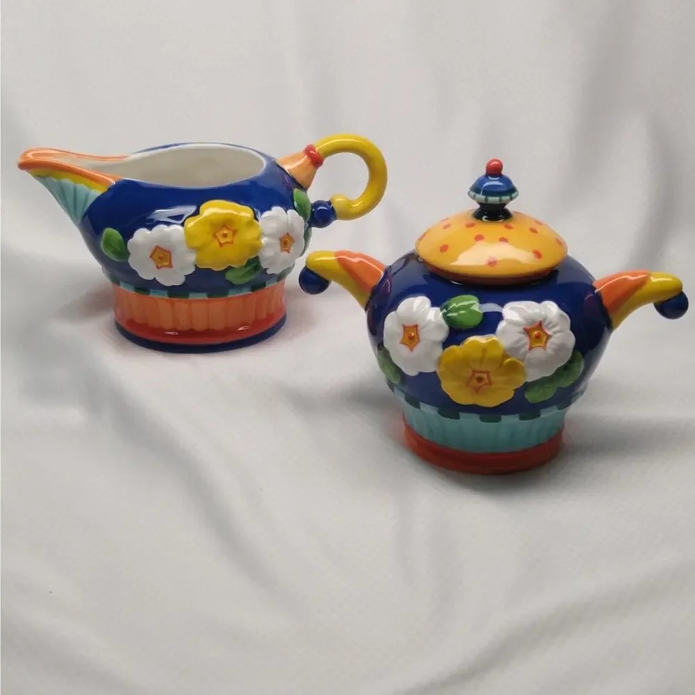 Department 56 Primrose Sugar Creamer Set Floral 3D Blue Yellow 1990s Vintage